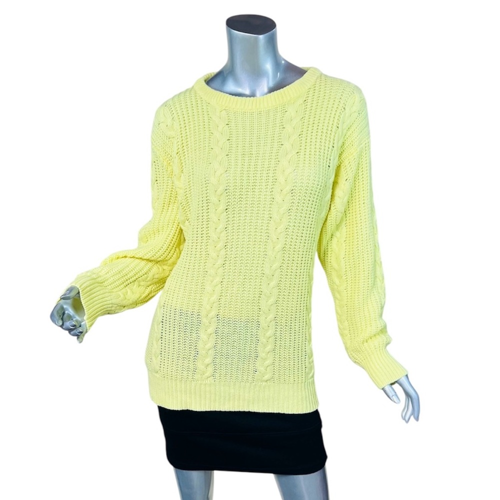 HRS Vintage Bright Yellow Crew Neck Cable Knit Sweater Lightweight Pullover
